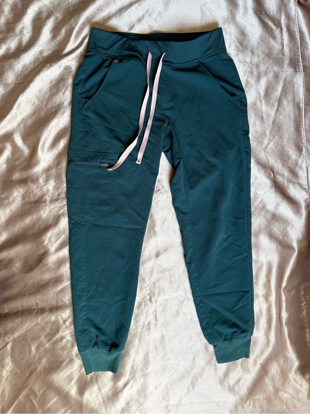 Figs Teal Jogger Scrub Pants with Pink Drawstring - Picture 2 of 10